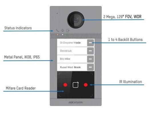 AlarmsysteemExpert.nl DS-KV8413-WME1/SURFACE Opbouw 4 beldrukkers IR verlichting PoE/12v Mifare kaartlezer