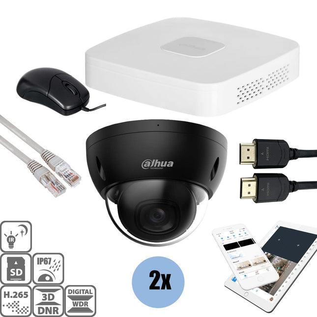 Dahua Black kit 2x Dome 8MP + Recorder & Bekabeling