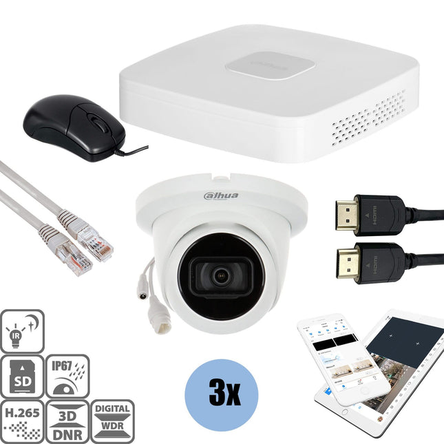 Dahua Set 3x Turret 4MP + Recorder & Bekabeling