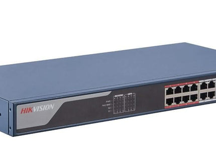 Hikvision DS-3E1318P-EI, conmutador gestionado inteligente con 16 puertos PoE, 100 Mbit, 230 W, 2 puertos de enlace ascendente Gigabit RJ45/SFP