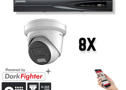 Hikvision: conjunto de 8 cámaras tipo torreta de 8 MP + grabador y cableado