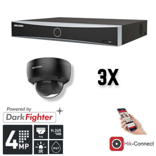 Hikvision Set 3x Dome 4MP + Recorder & Bekabeling