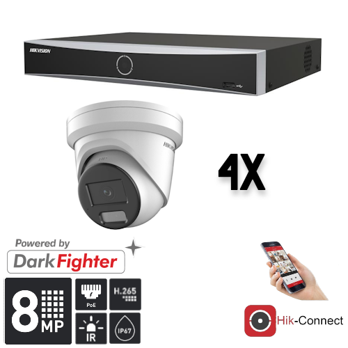 Hikvision Set 4x Turret 8MP + Recorder & Bekabeling