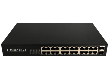 Conmutador Gigabit PoE de 26 puertos Movok Movok, 24 puertos PoE, 2 puertos de enlace ascendente