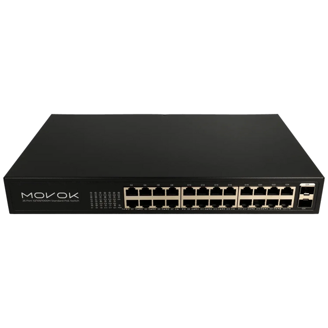 Movok Conmutador Gigabit PoE Movok de 26 puertos, 24x PoE, 2x enlace ascendente